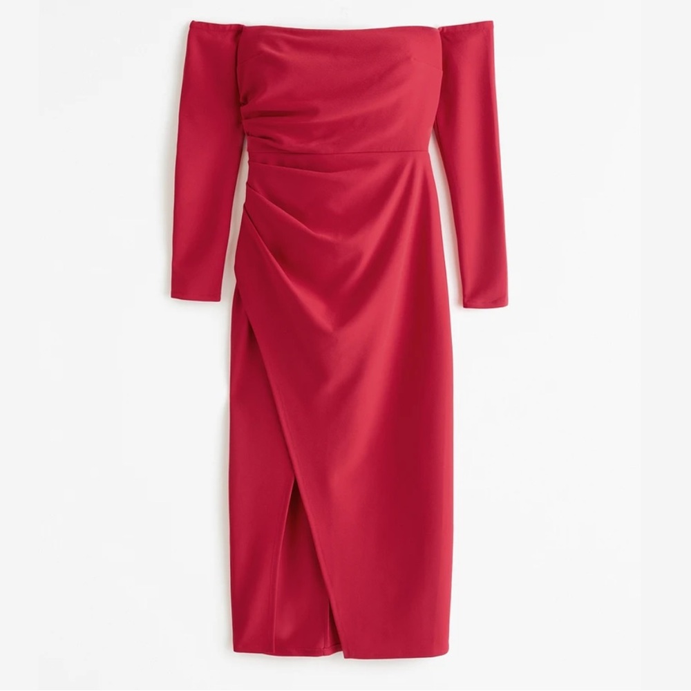 Abercrombie & Fitch Long-Sleeve Off-the-Shoulder Crepe Midi Dress in Red
